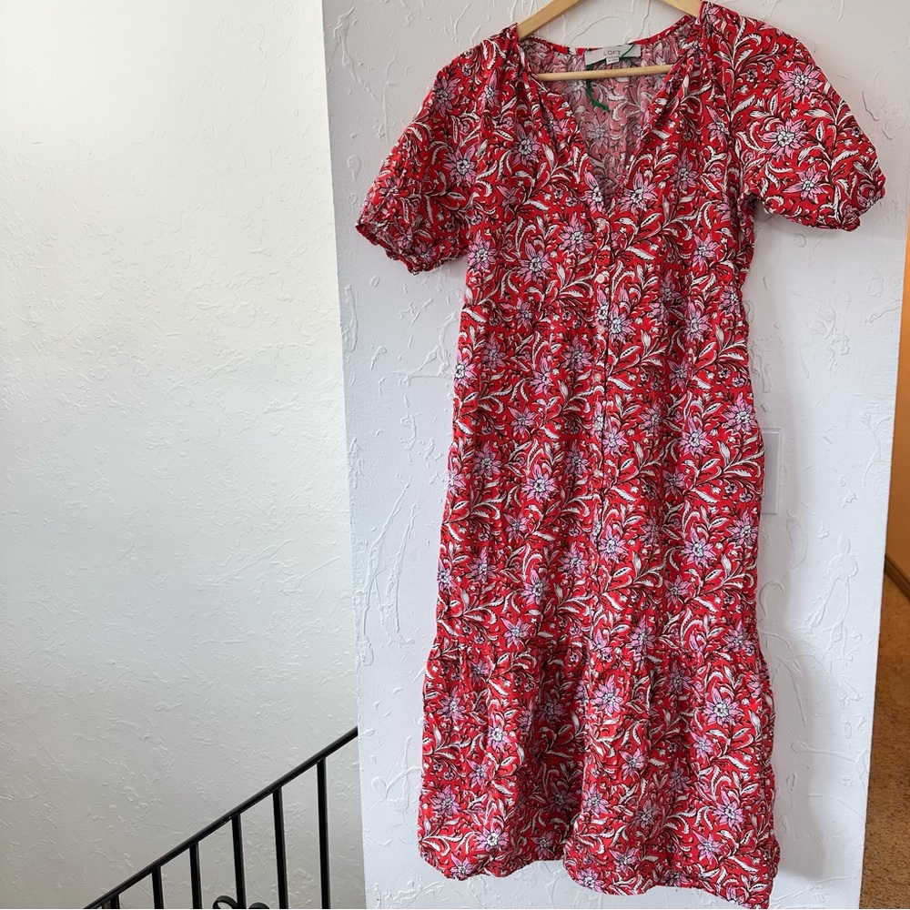 Red and White Tiered Puff Sleeve Maxi Dress